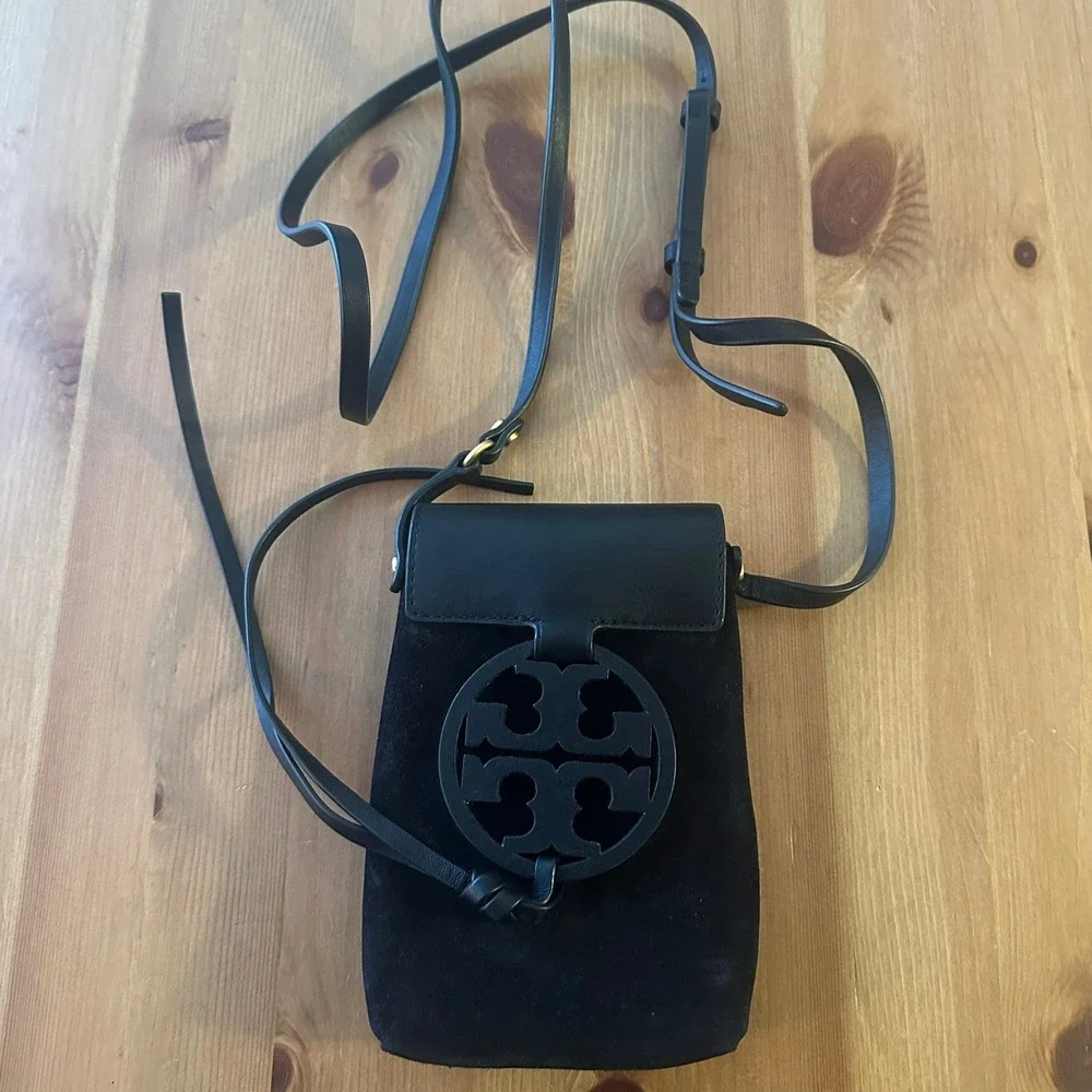 Tory Burch Miller Black Suede Leather Phone Crossbody Bag Purse Messenger